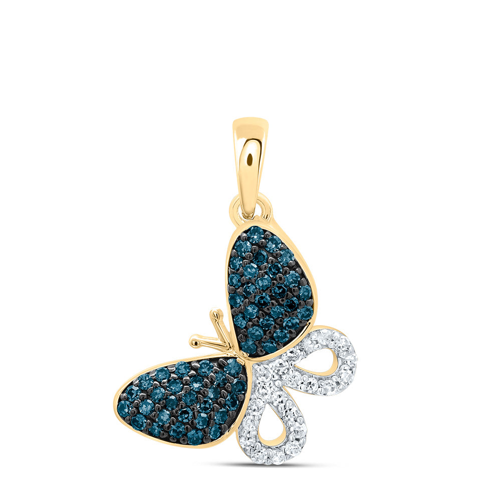 0.28 Ctw Natural Diamond Blue Diamond Butterfly Pendant in 10k Yellow Gold