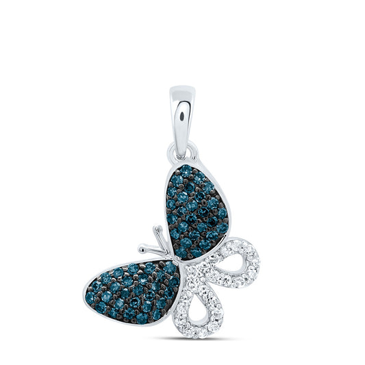 0.28 Ctw Natural Diamond Blue Diamond Butterfly Pendant in 10k White Gold
