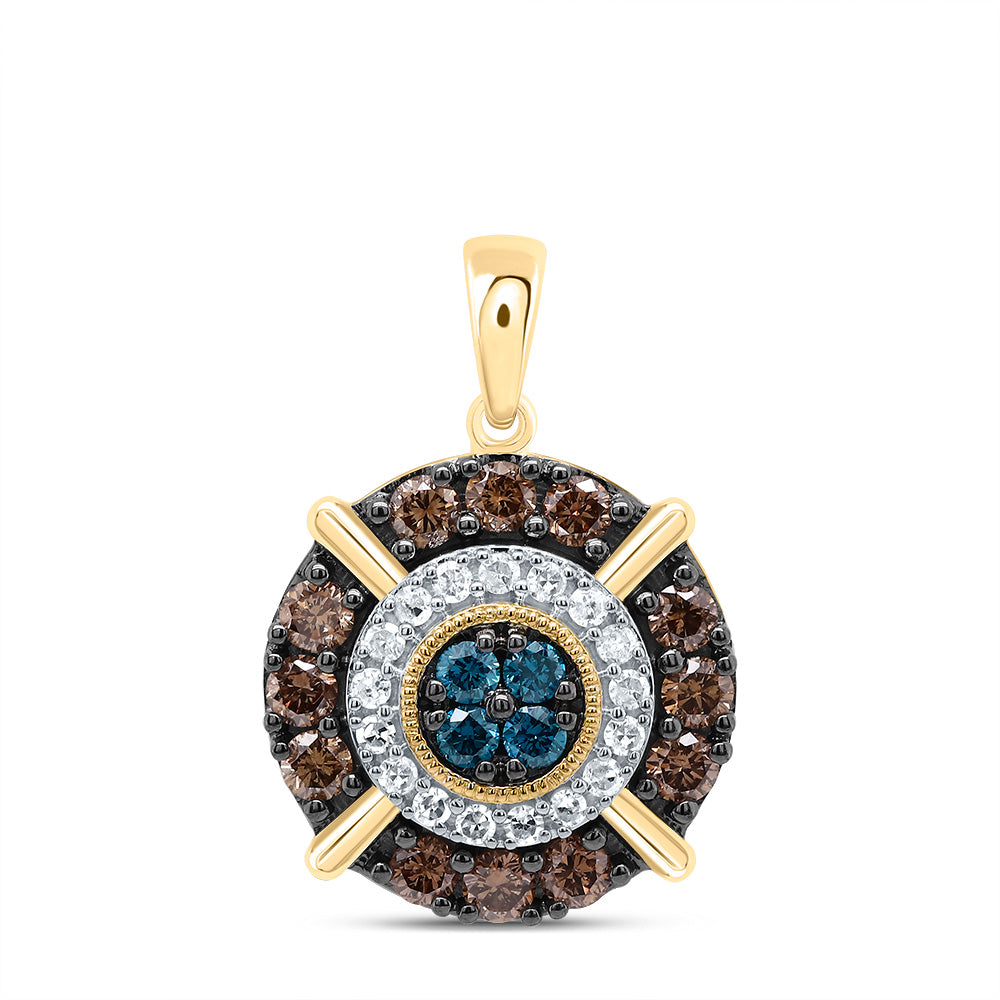 0.59 Ctw Natural Diamond Brown Center Blue Round Shape Pendant in 10k Yellow Gold