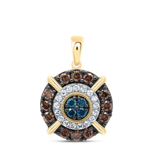 0.59 Ctw Natural Diamond Brown Center Blue Round Shape Pendant in 10k Yellow Gold