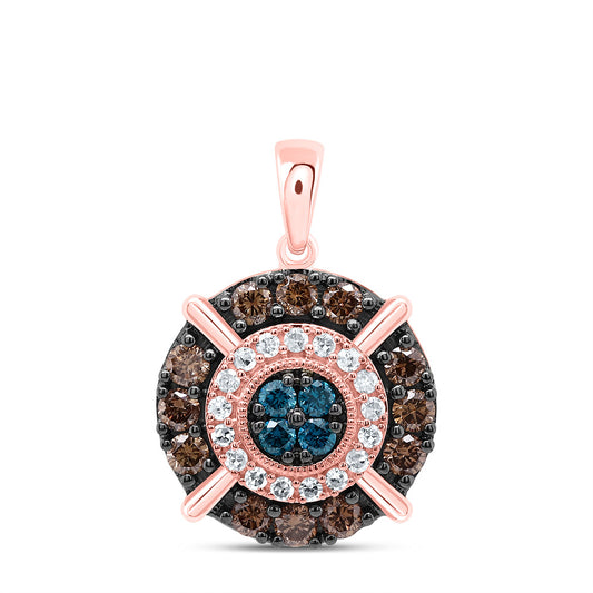 0.6 Ctw Natural Diamond Brown Center Blue Round Shape Pendant in 10k Rose Gold