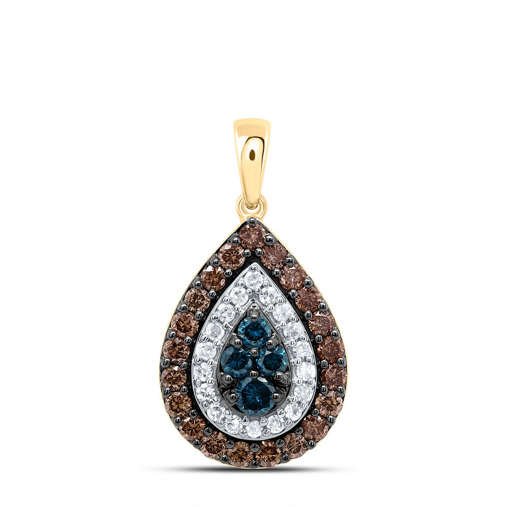0.66 Ctw Natural Diamond Blue Brown Teardrop Pendant in 10k Yellow Gold