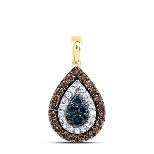 0.66 Ctw Natural Diamond Blue Brown Teardrop Pendant in 10k Yellow Gold
