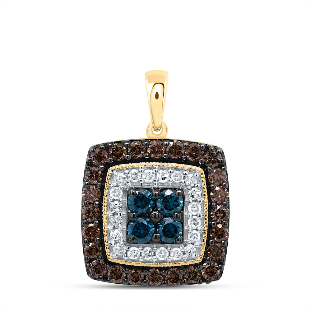 0.78 Ctw Natural Diamond Brown Blue Center Square Pendant in 10k Yellow Gold