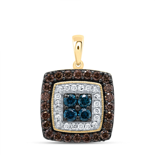 0.78 Ctw Natural Diamond Brown Blue Center Square Pendant in 10k Yellow Gold