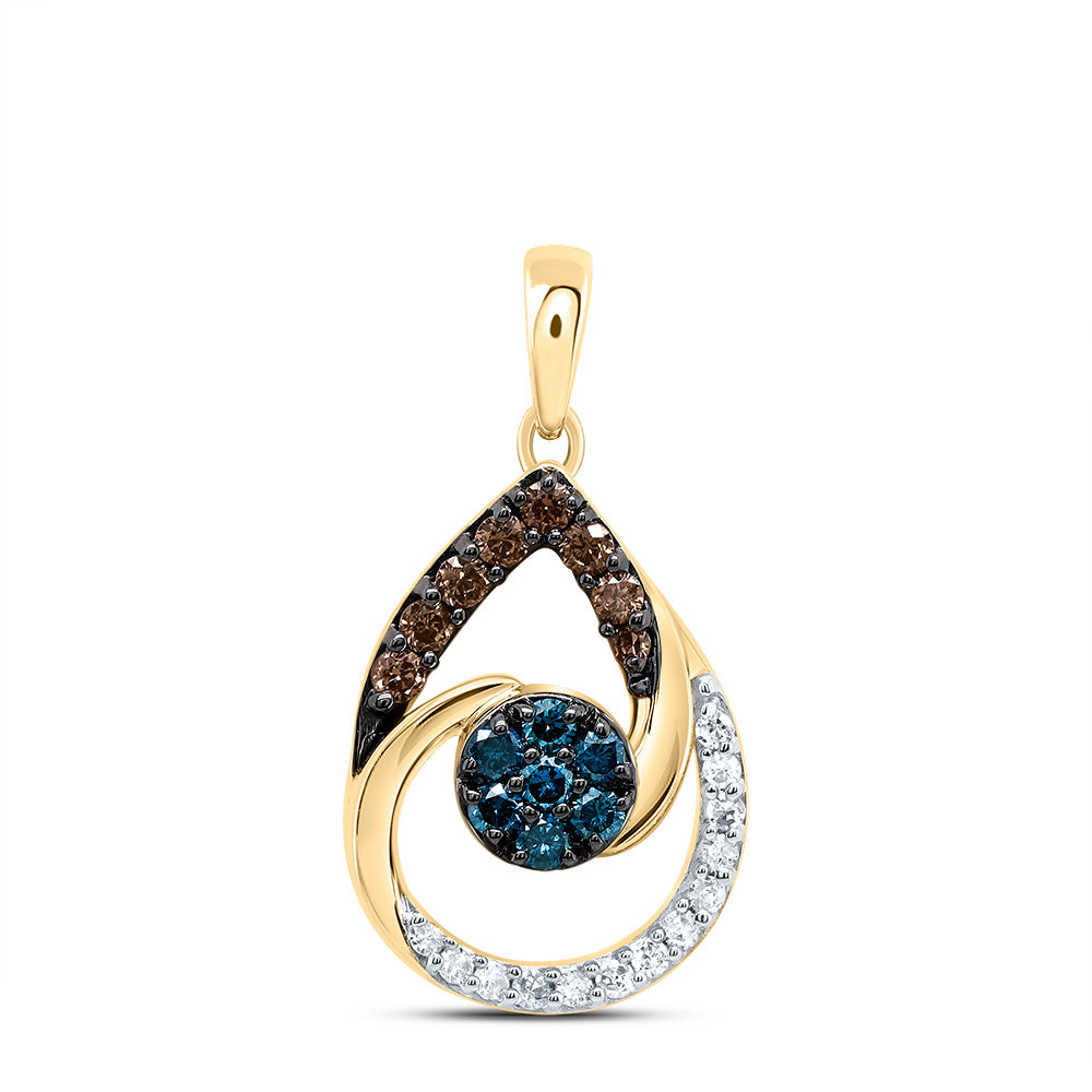 0.35 Ctw Natural Diamond Brown Blue Teardrop Pendant in 10k Yellow Gold