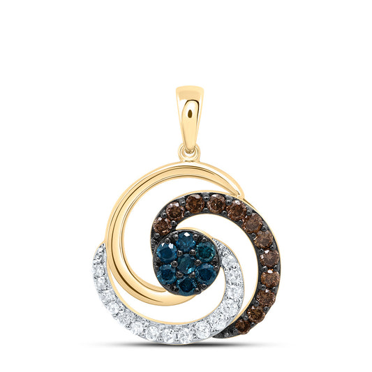 0.44 Ctw Natural Diamond Brown Blue Center Round Pendant in 10k Yellow Gold