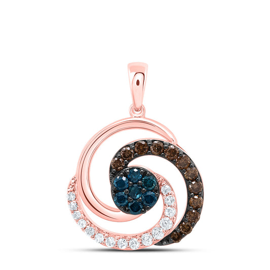 0.42 Ctw Natural Diamond Brown Blue Center Round Pendant in 10k Rose Gold