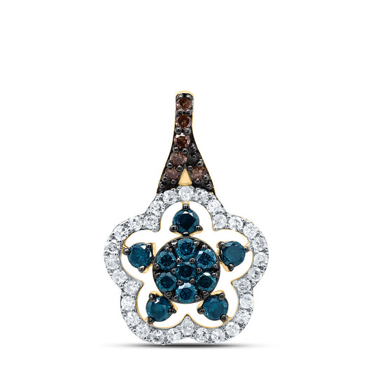 0.53 Ctw Natural Diamond Blue Brown Clover Pendant in 10k Yellow Gold