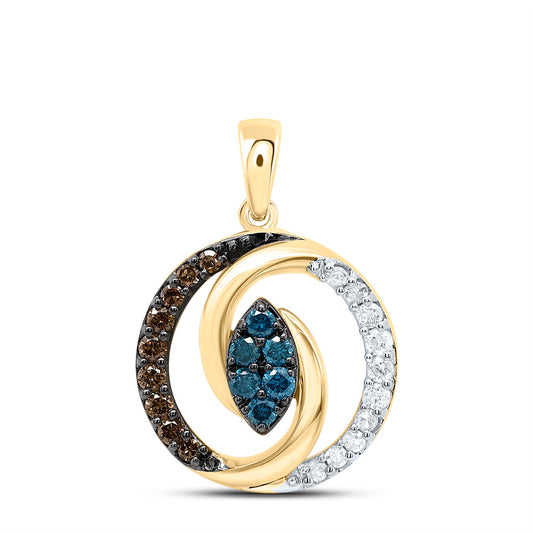 0.3 Ctw Natural Diamond Brown Blue Center Marquise Pendant in 10k Yellow Gold