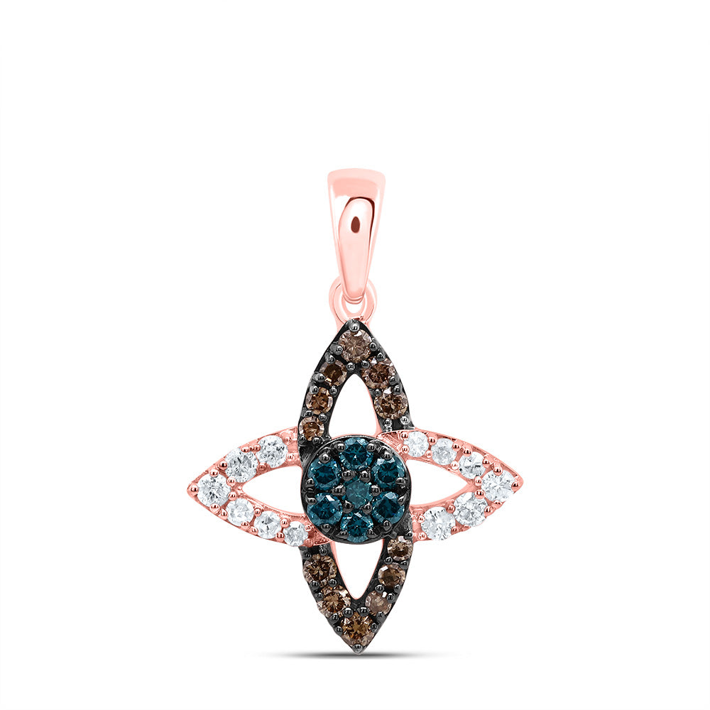 0.3 Ctw Natural Diamond Evil Eye Flower Brown Blue Center Pendant in 10k Rose Gold