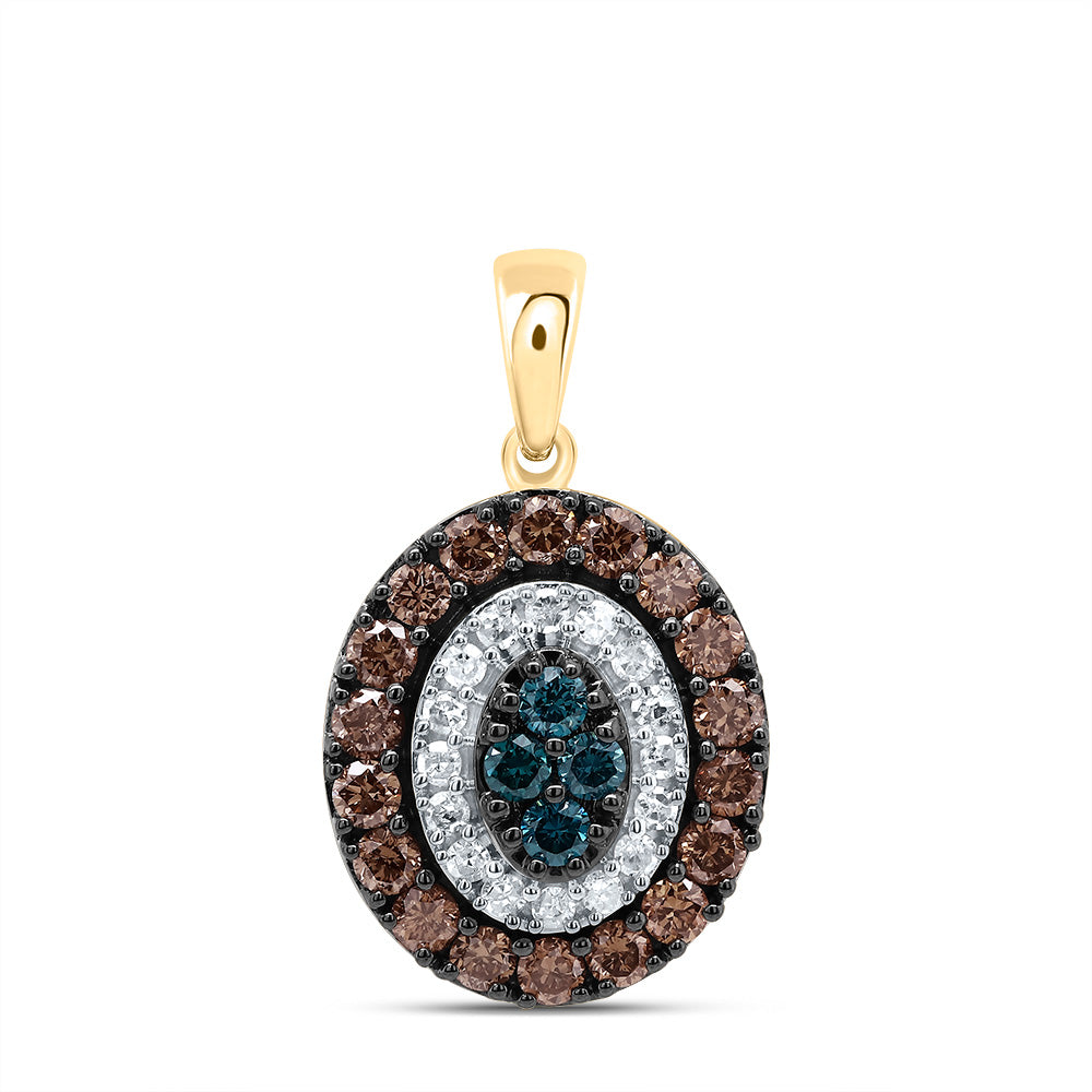 0.59 Ctw Natural Diamond Oval Brown Blue Gift Pendant in 10k Yellow Gold