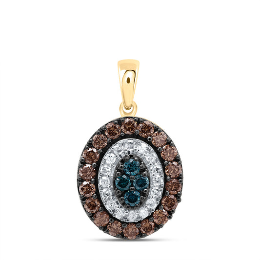 0.59 Ctw Natural Diamond Oval Brown Blue Gift Pendant in 10k Yellow Gold