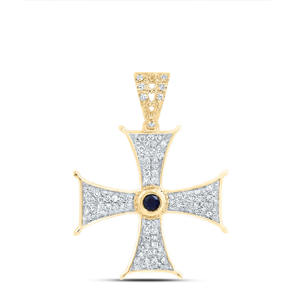 0.24 Ctw Natural Diamond Blue Sapphire Center Cross Pendant in 10k Yellow Gold