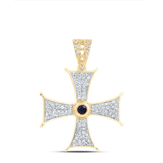0.24 Ctw Natural Diamond Blue Sapphire Center Cross Pendant in 10k Yellow Gold