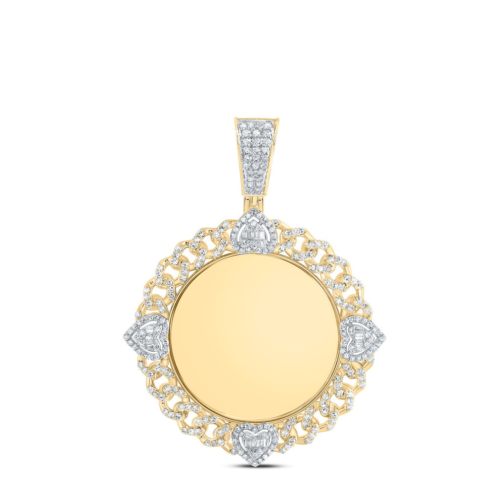 0.96 Ctw Natural Diamond Curb Link Heart Round Memory Picture Frame Pendant in 10k Yellow Gold