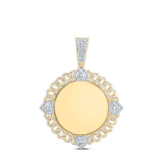 0.96 Ctw Natural Diamond Curb Link Heart Round Memory Picture Frame Pendant in 10k Yellow Gold