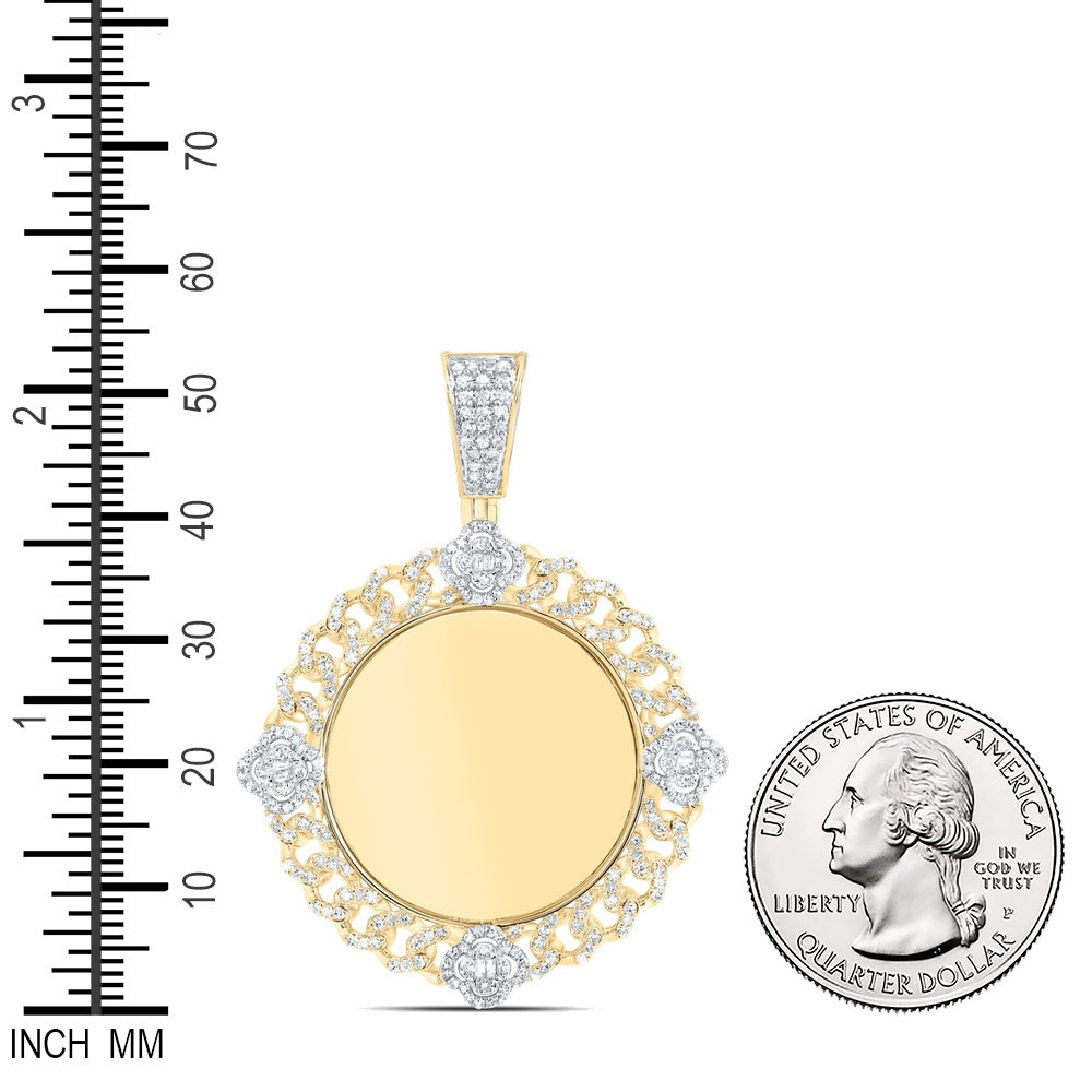 0.96 Ctw Natural Diamond Curb Link Floral Round Memory Picture Frame Pendant in 10k Yellow Gold