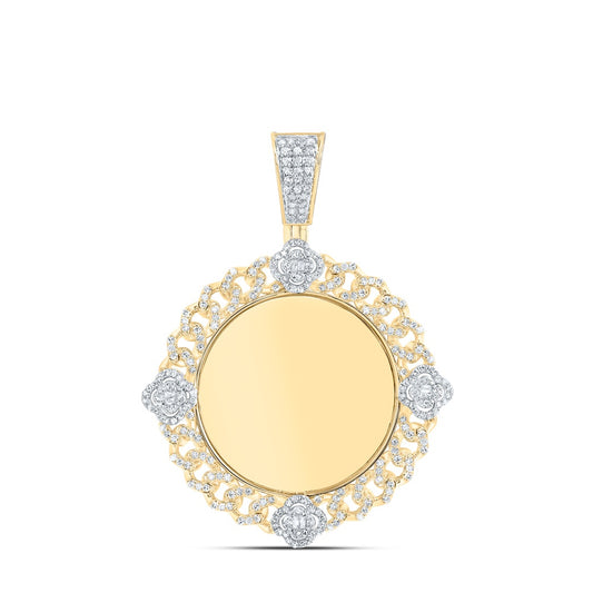0.96 Ctw Natural Diamond Curb Link Floral Round Memory Picture Frame Pendant in 10k Yellow Gold