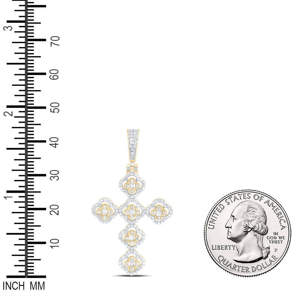 0.75 Ctw Natural Diamond Foral Cross Religious Pendant in 10k Yellow Gold