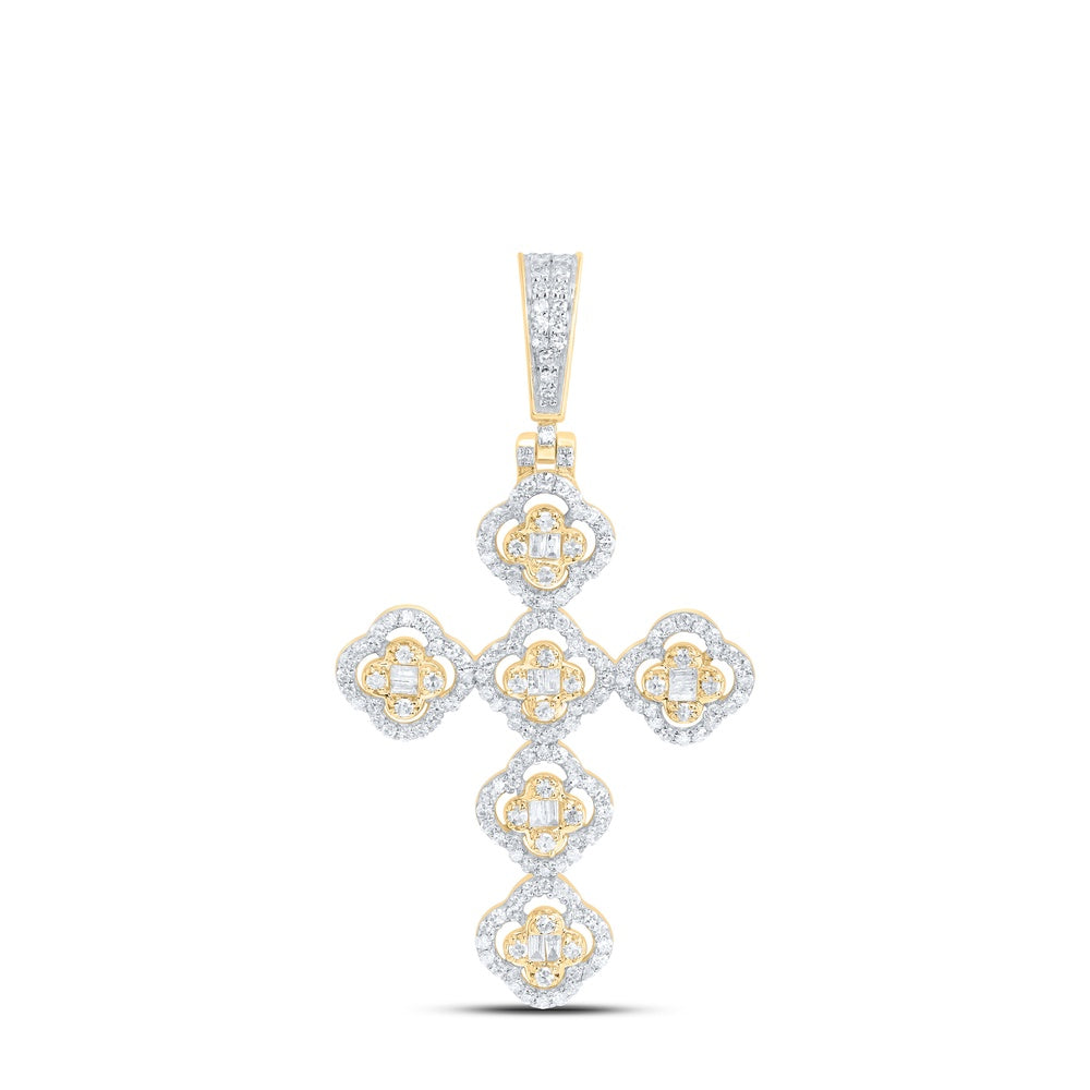 0.75 Ctw Natural Diamond Foral Cross Religious Pendant in 10k Yellow Gold