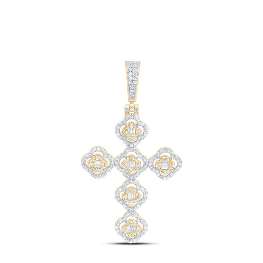0.75 Ctw Natural Diamond Foral Cross Religious Pendant in 10k Yellow Gold