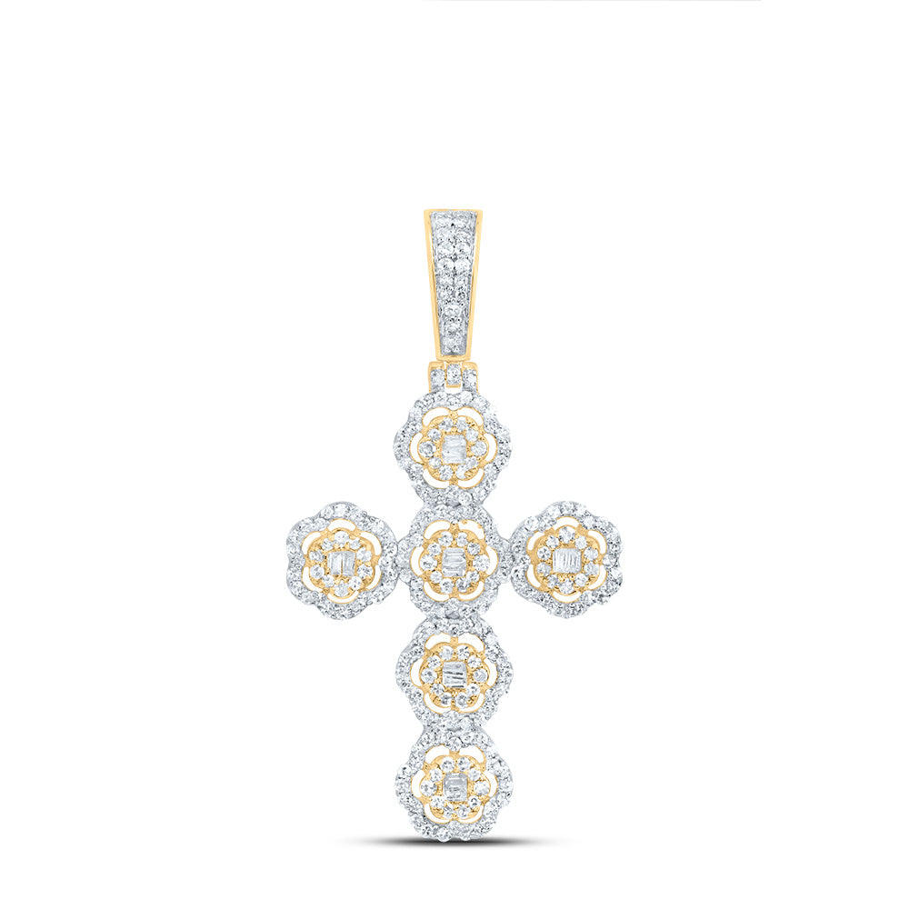 0.87 Ctw Natural Diamond Floral Cross Religious Pendant in 10k Yellow Gold