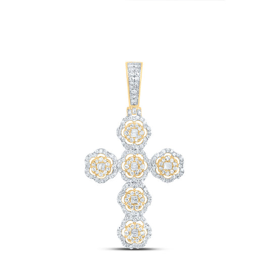 0.87 Ctw Natural Diamond Floral Cross Religious Pendant in 10k Yellow Gold