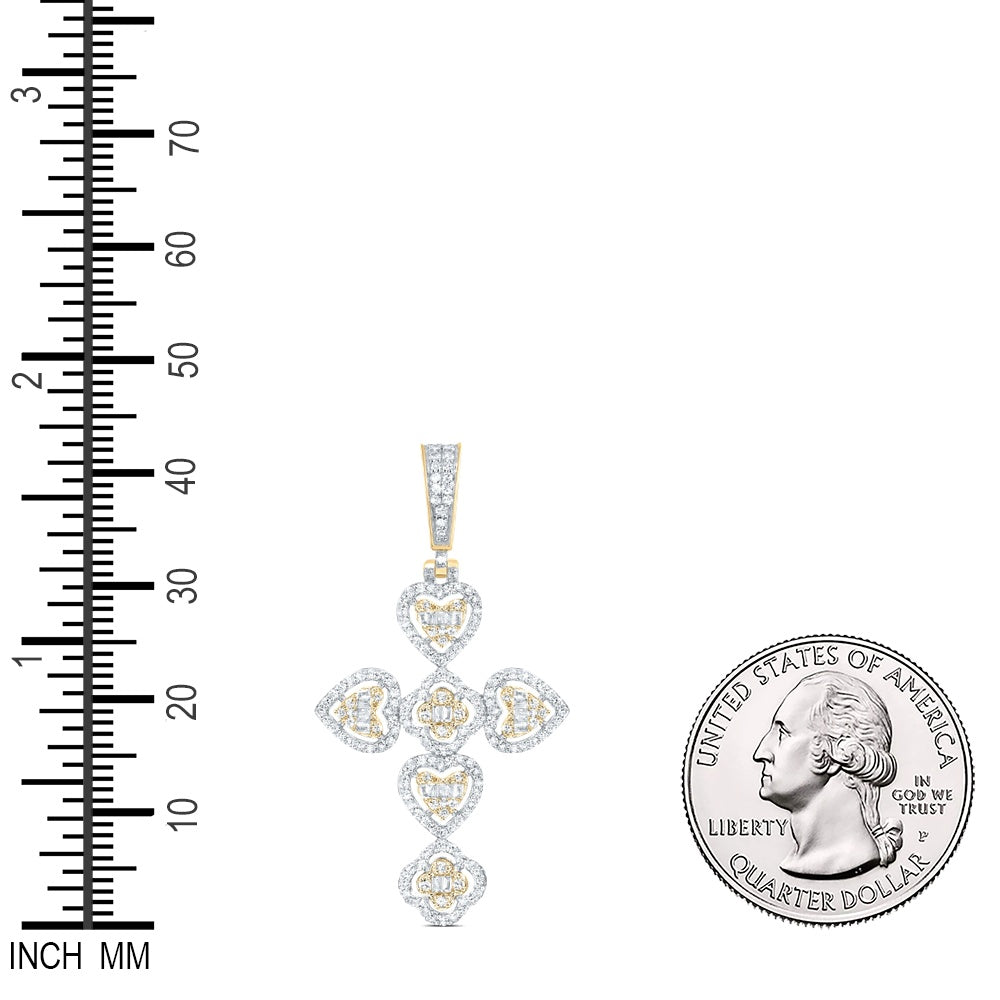 0.71 Ctw Natural Diamond Heart Cross Religious Charm Pendant in 10k Yellow Gold