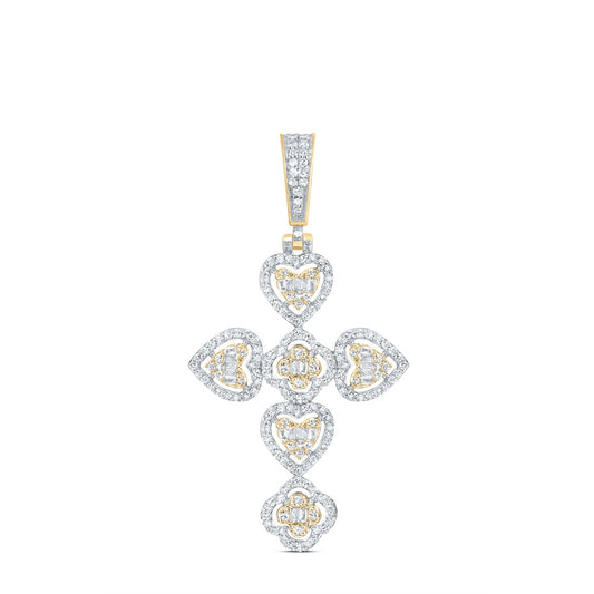 0.71 Ctw Natural Diamond Heart Cross Religious Charm Pendant in 10k Yellow Gold