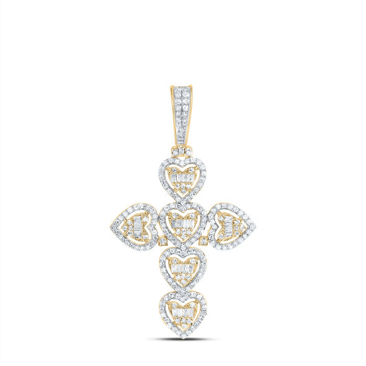0.71 Ctw Natural Diamond Heart Cross Religious Charm Pendant in 10k Yellow Gold