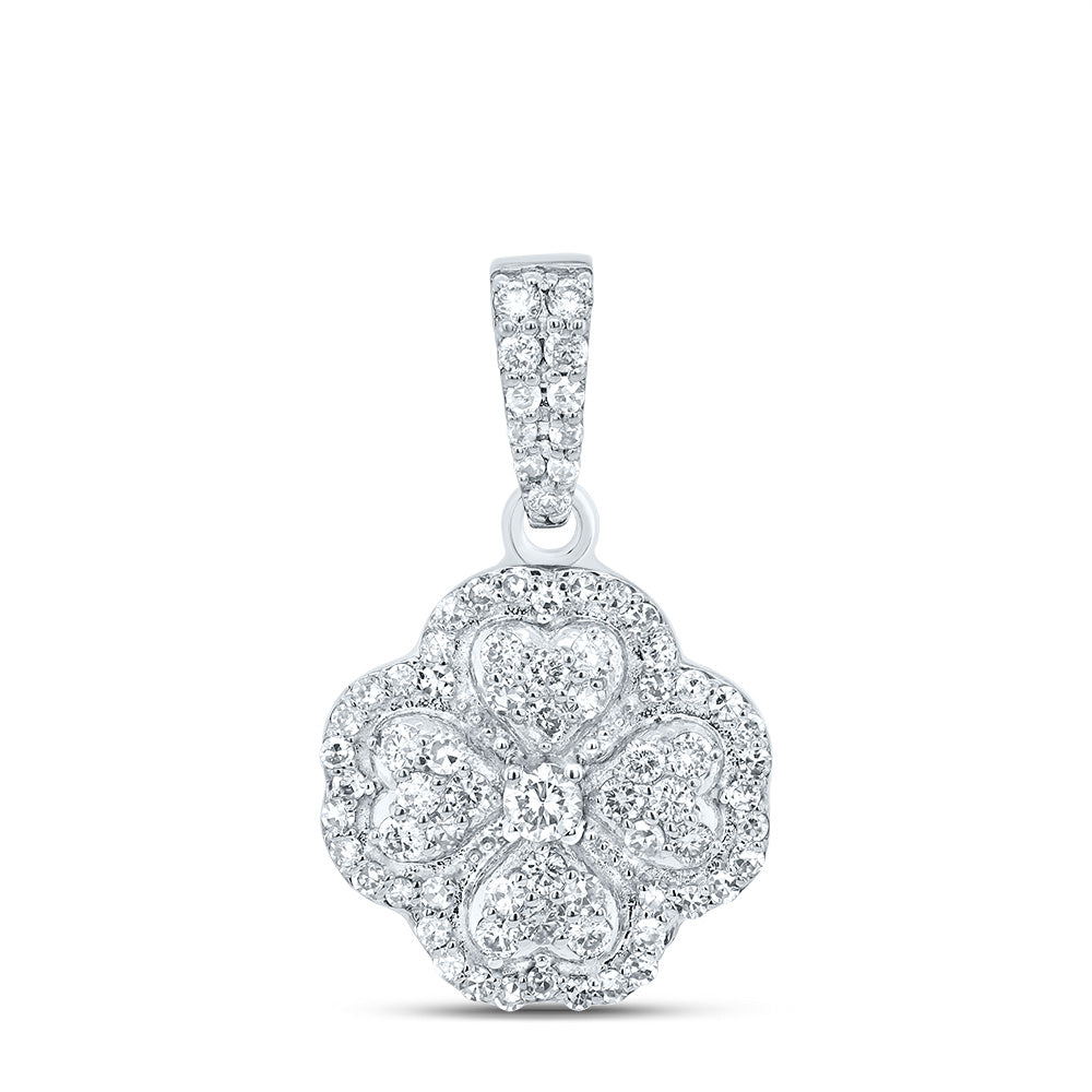 0.37 Ctw Natural Diamond Clover Flower Heart Pendant in 10k White Gold