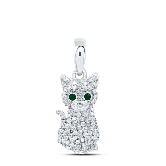 0.22 Ctw Natural Diamond Black Eyes Cat Pendant in 10k White Gold