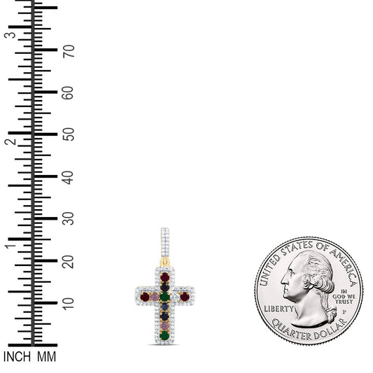 0.76 Ctw Natural Diamond Multi Color Cross Religious Pendant in 10k Yellow Gold