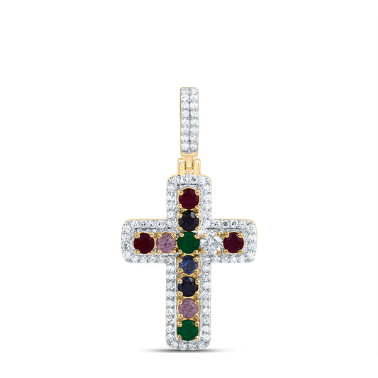0.76 Ctw Natural Diamond Multi Color Cross Religious Pendant in 10k Yellow Gold