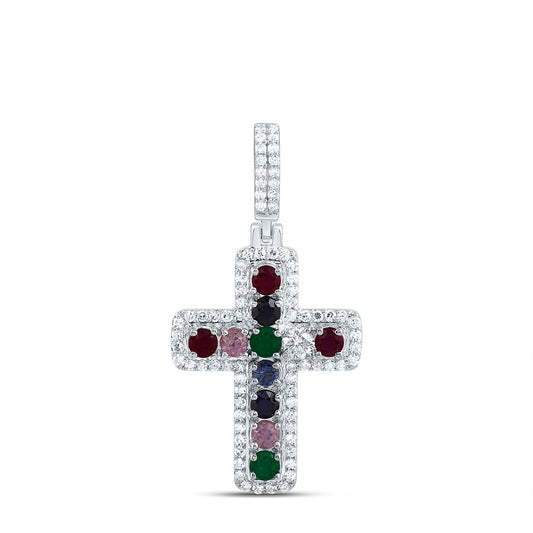 0.77 Ctw Natural Diamond Multi Color Cross Religious Pendant in 10k White Gold