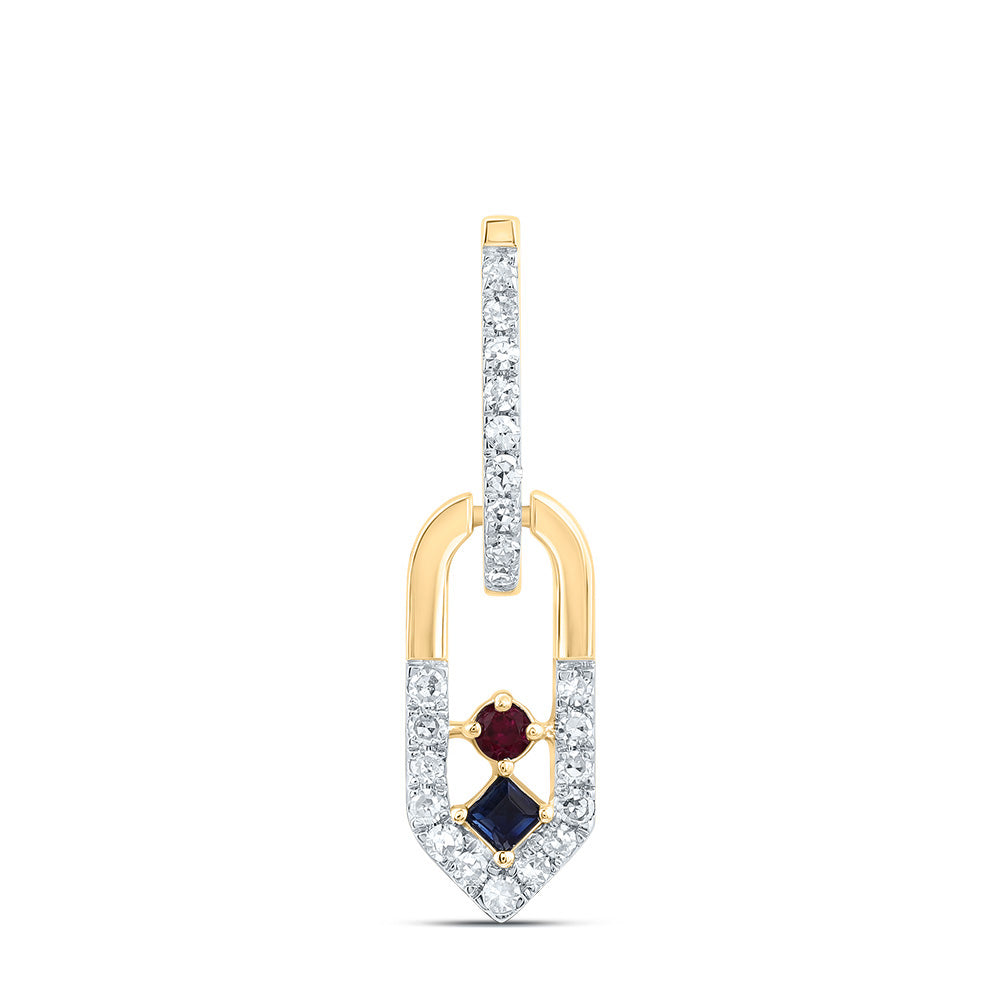 0.15 Ctw Natural Diamond Red Blue Paper Clip Pendant in 14k Yellow Gold