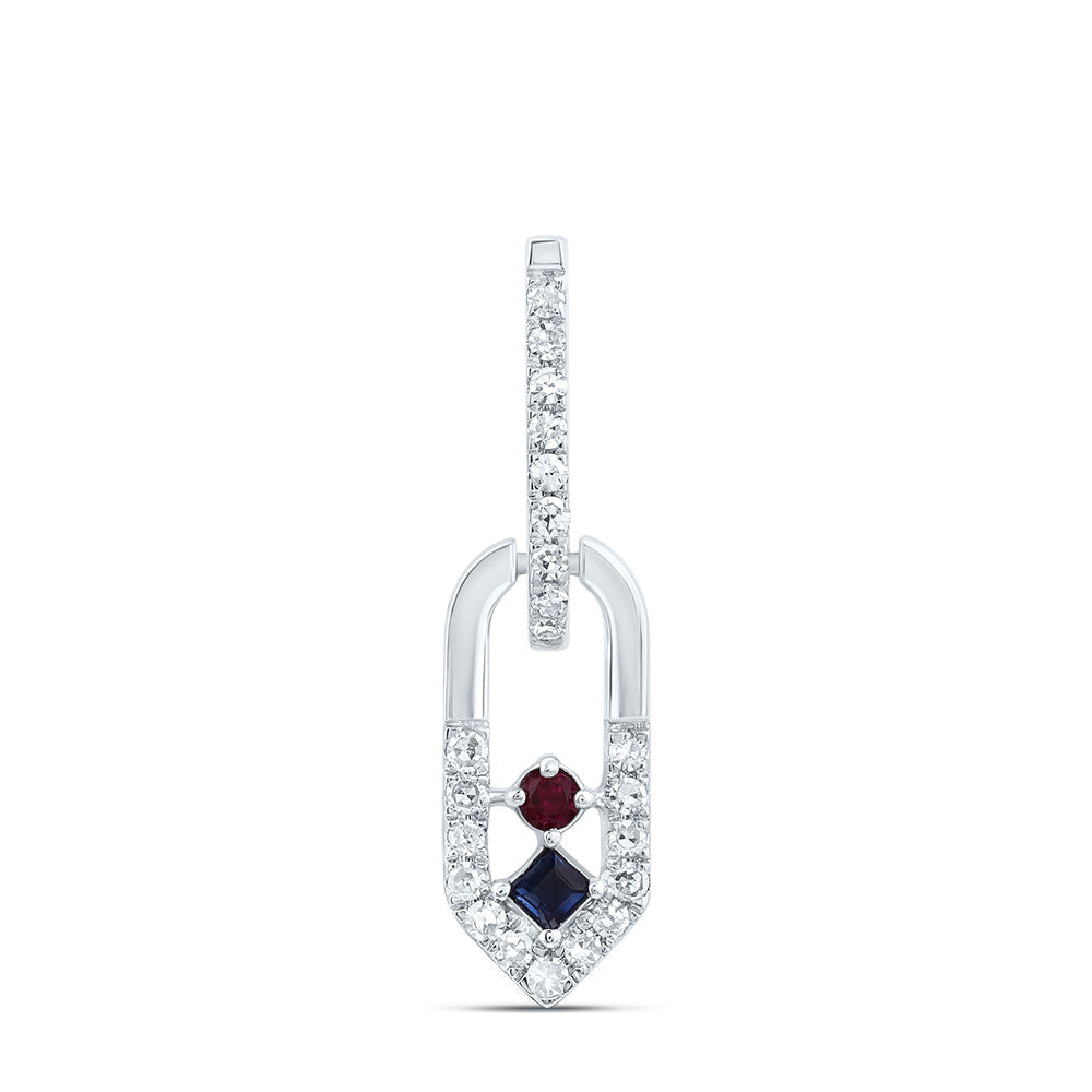 0.15 Ctw Natural Diamond Red Blue Paper Clip Pendant in 14k White Gold