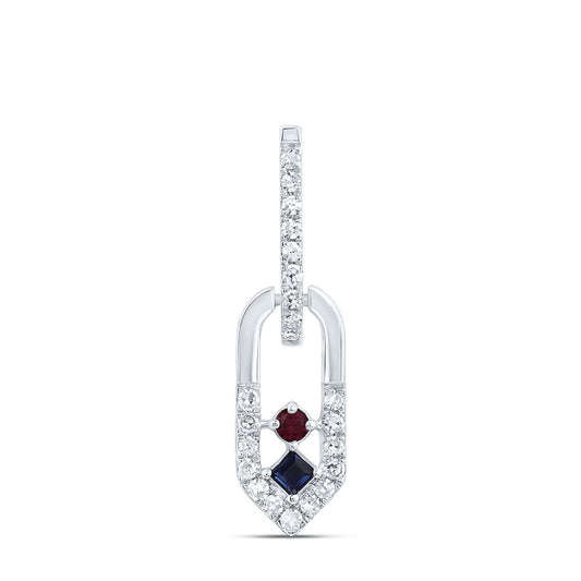 0.15 Ctw Natural Diamond Red Blue Paper Clip Pendant in 14k White Gold