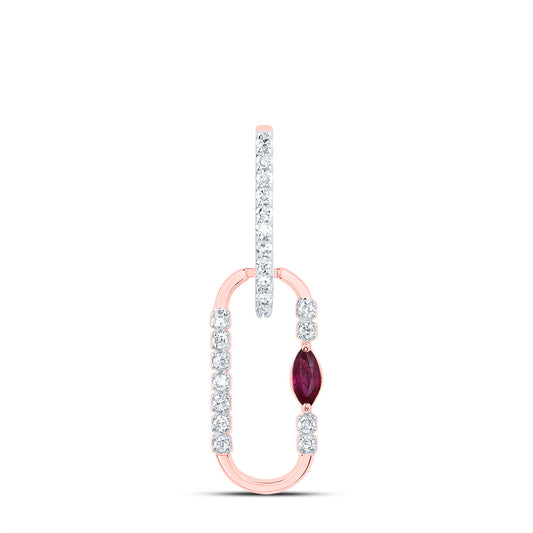 0.11 Ctw Natural Diamond Red Paperclip Link Dangle Pendant in 14k Rose Gold