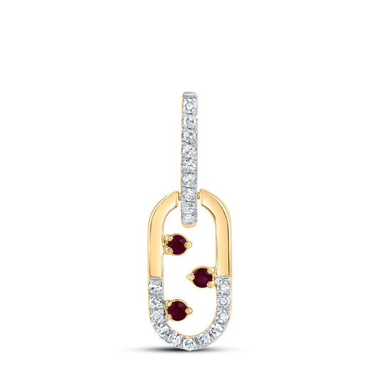 0.13 Ctw Natural Diamond Red Paperclip Link Dangle Pendant in 14k Yellow Gold
