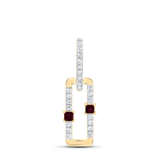 0.17 Ctw Natural Diamond Red Paperclip Link Dangle Pendant in 14k Yellow Gold