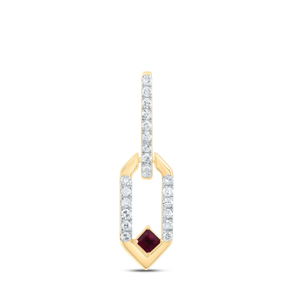 0.14 Ctw Natural Diamond Paper Clip Link Red Pendant in 14k Yellow Gold