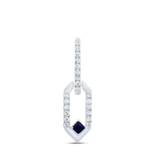 0.13 Ctw Natural Diamond Paper Clip Link Blue  Pendant in 14k White Gold
