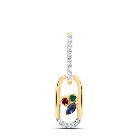 0.13 Ctw Natural Diamond Multi Colored Diamond Paperclip Link Dangle Pendant in 14k Yellow Gold