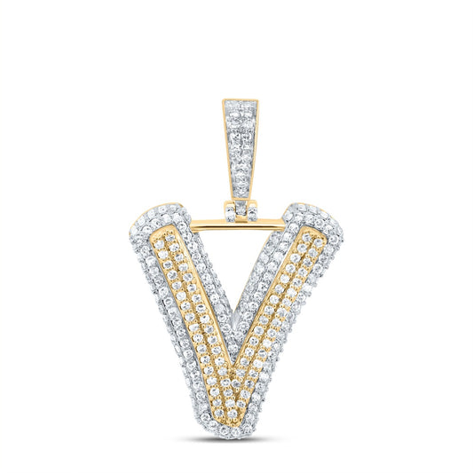 1.18 Ctw Natural Diamond Hiphop Initial Letter V Pendant in 10k Yellow Gold