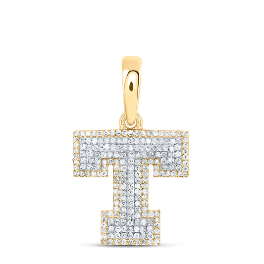 0.63 Ctw Natural Diamond Hiphop Initial Letter T Pendant in 10k Yellow Gold
