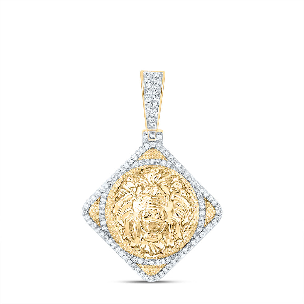 0.78 Ctw Natural Diamond Lion Head Medallion Animal Pendant in 10k Yellow Gold