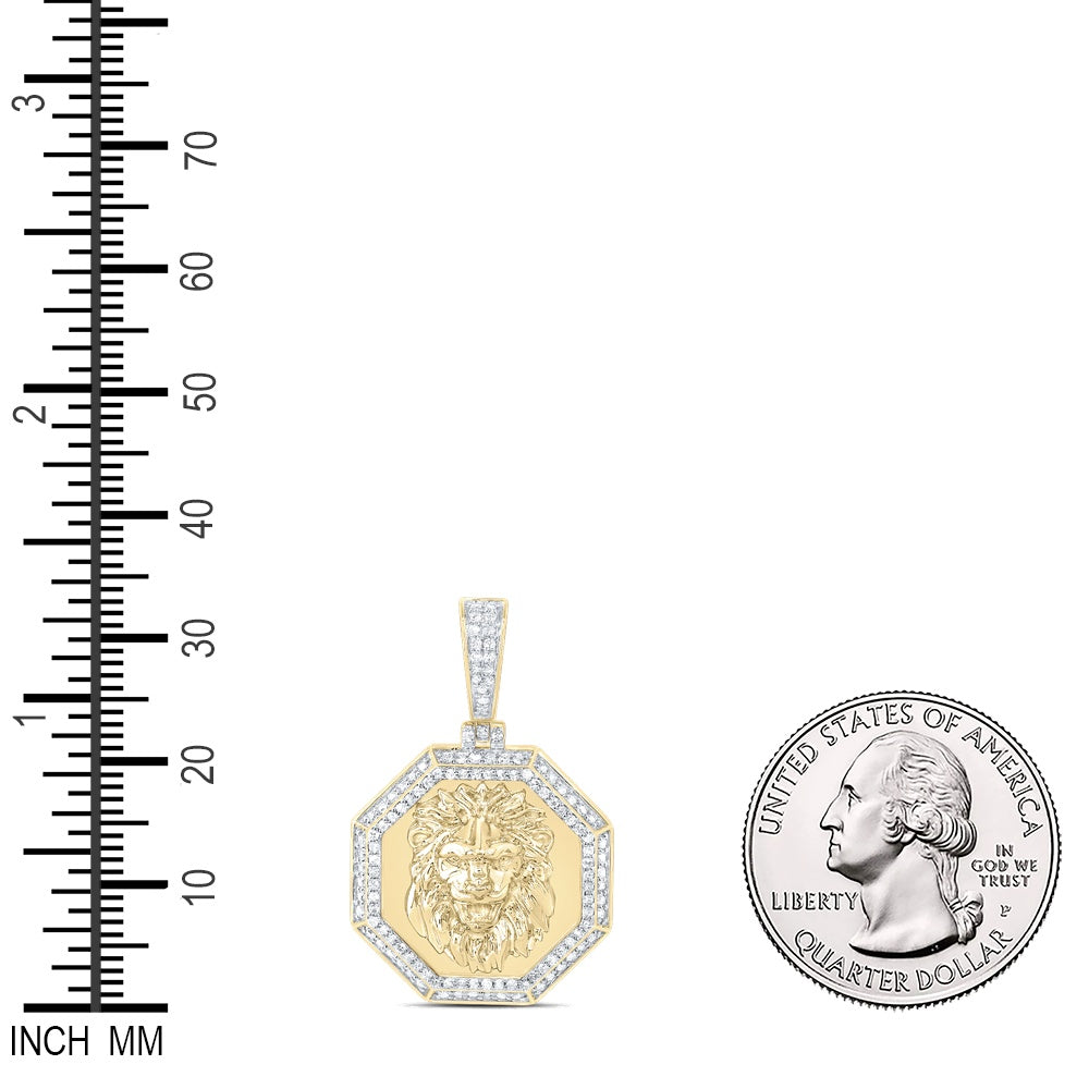 0.42 Ctw Natural Diamond Lion Head Medallion Animal Pendant in 10k Yellow Gold