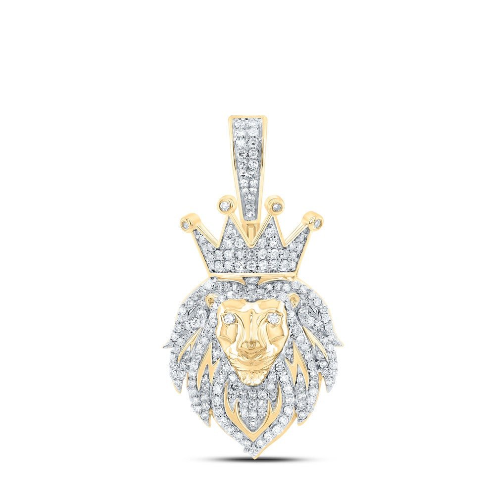 0.59 Ctw Natural Diamond Lion Head King Crown Pendant in 10k Yellow Gold